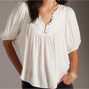 Anthropologie Cream Puff Sleeve Button Yoke Blouse XL